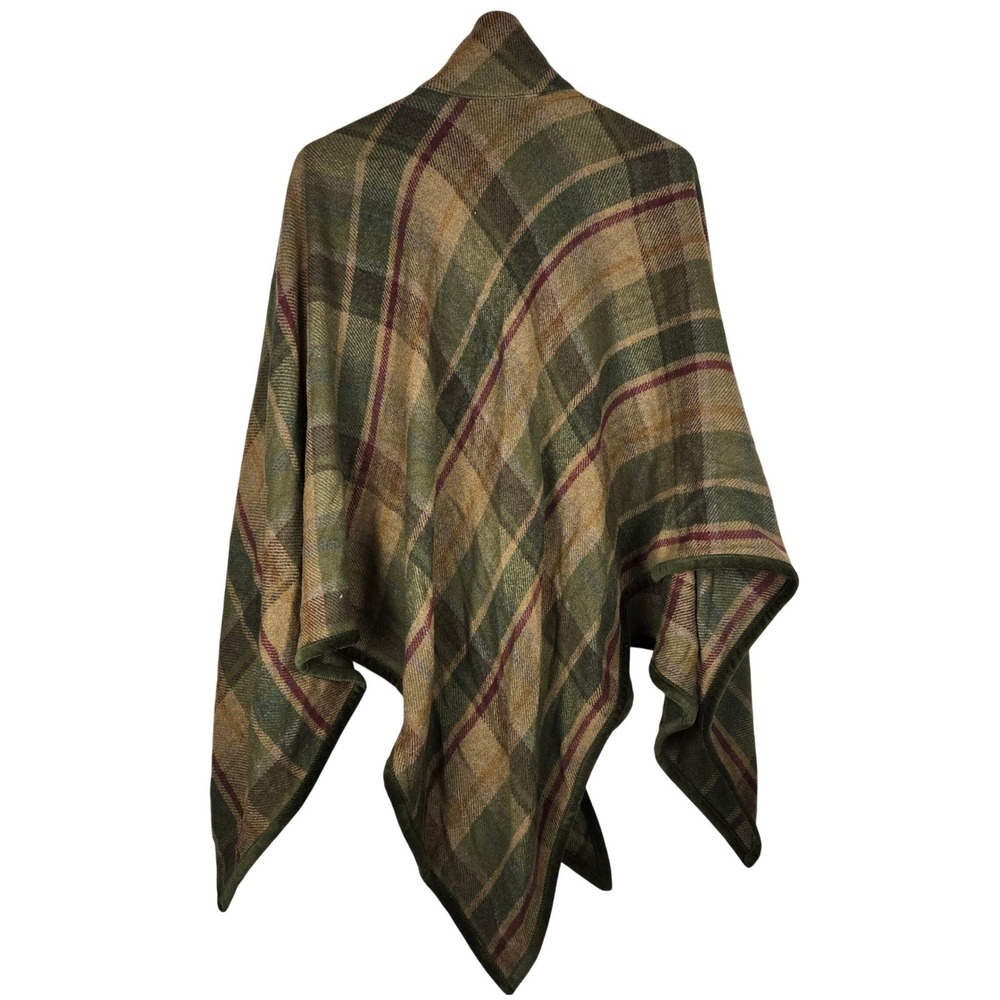 Chaps Green Plaid Wool Blend Button Neck Poncho Cape Wrap Size Medium - Picture 2 of 9